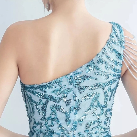 Blue, Geo Print, Assymmetrical Feather, Beaded,Slit Thigh, Sequined Mermaid Gown - Picture 11 of 12